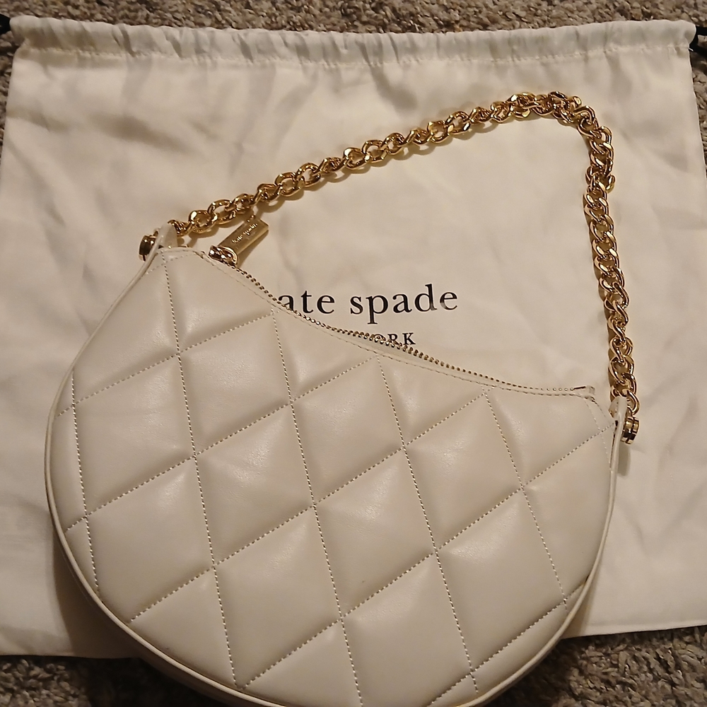 Kate Spade Carey Zip Top Crossbody Quilted Leather Crescent Bag Cream Gold Chain - Picture 6 of 10